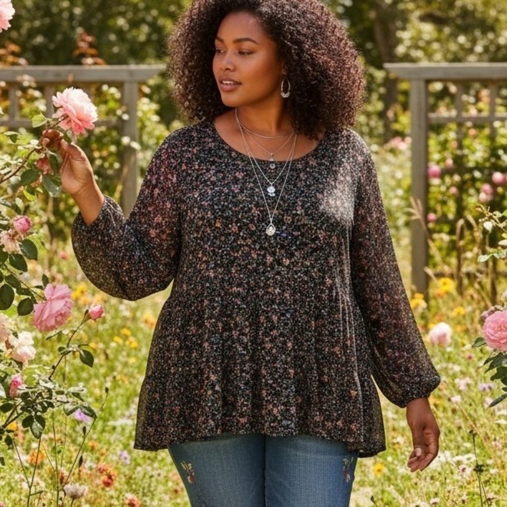 Love Fire Floral Mesh Peplum Top Cottagecore Romantic Whimsigoth Babydoll 2X‎